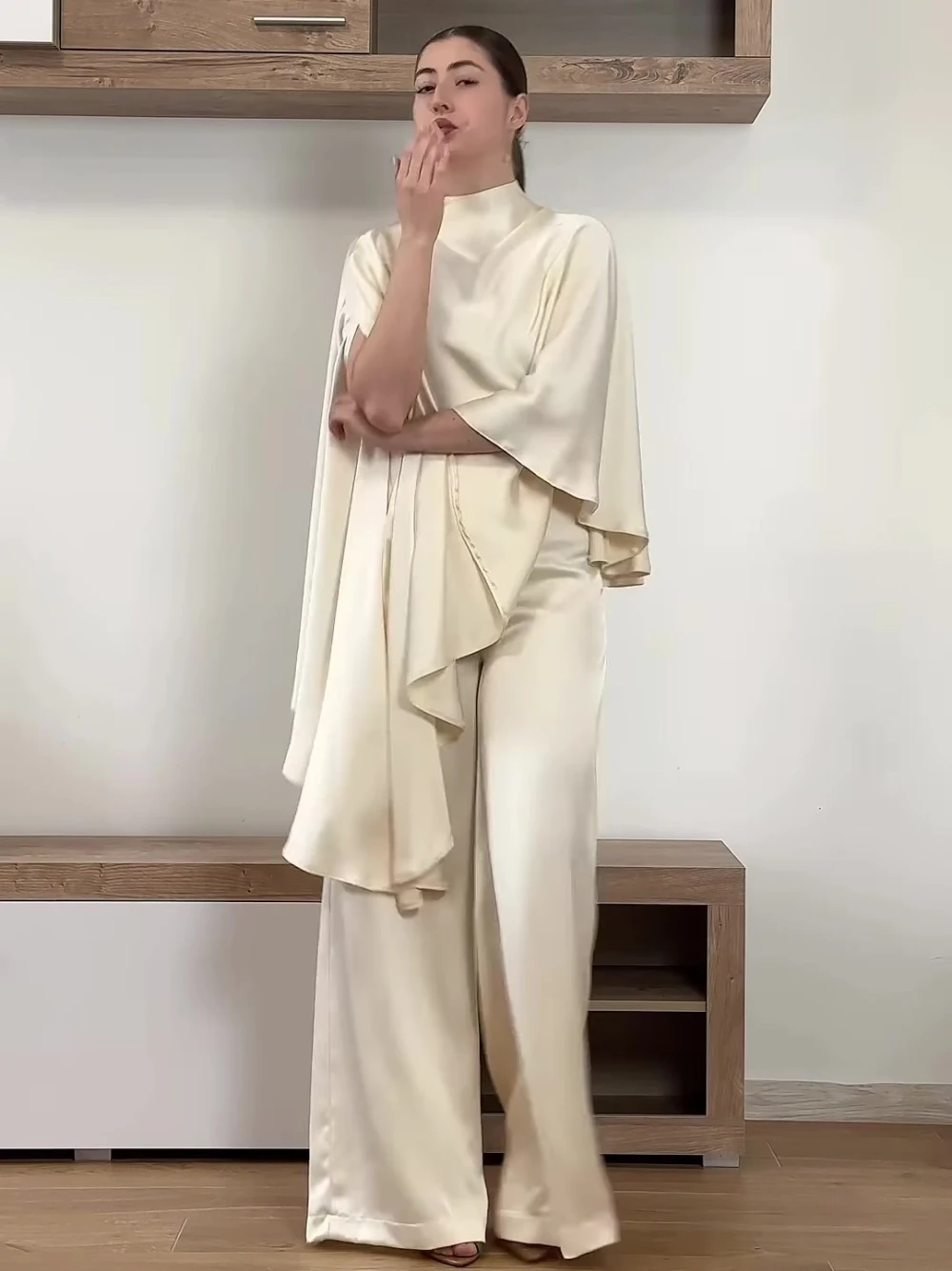 Elegant Ivory Satin Two Piece Set High Neck Cape Sleeve Blouse Wide Leg Pants Formal Party Outfit For Women New Arrival