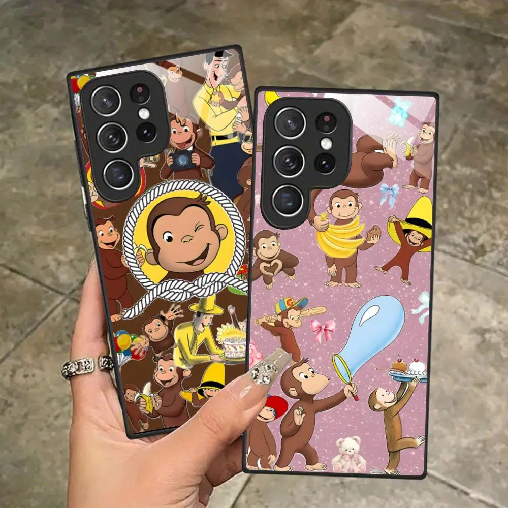 Curious George Monkey Glass Mobile Phone Case for Samsung Galaxy A56 55 54 53 52 51 36 35 34 23 16 15 5G Colorful Cover