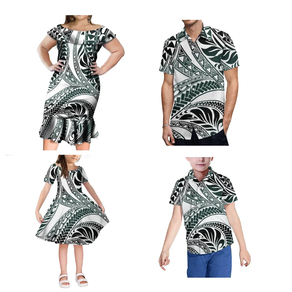 Fashion Family Dress Set Polynesian Print Custom Design Tribal Ethnic Style Women One-Shoulder Long Skirt Parent-Child Dress