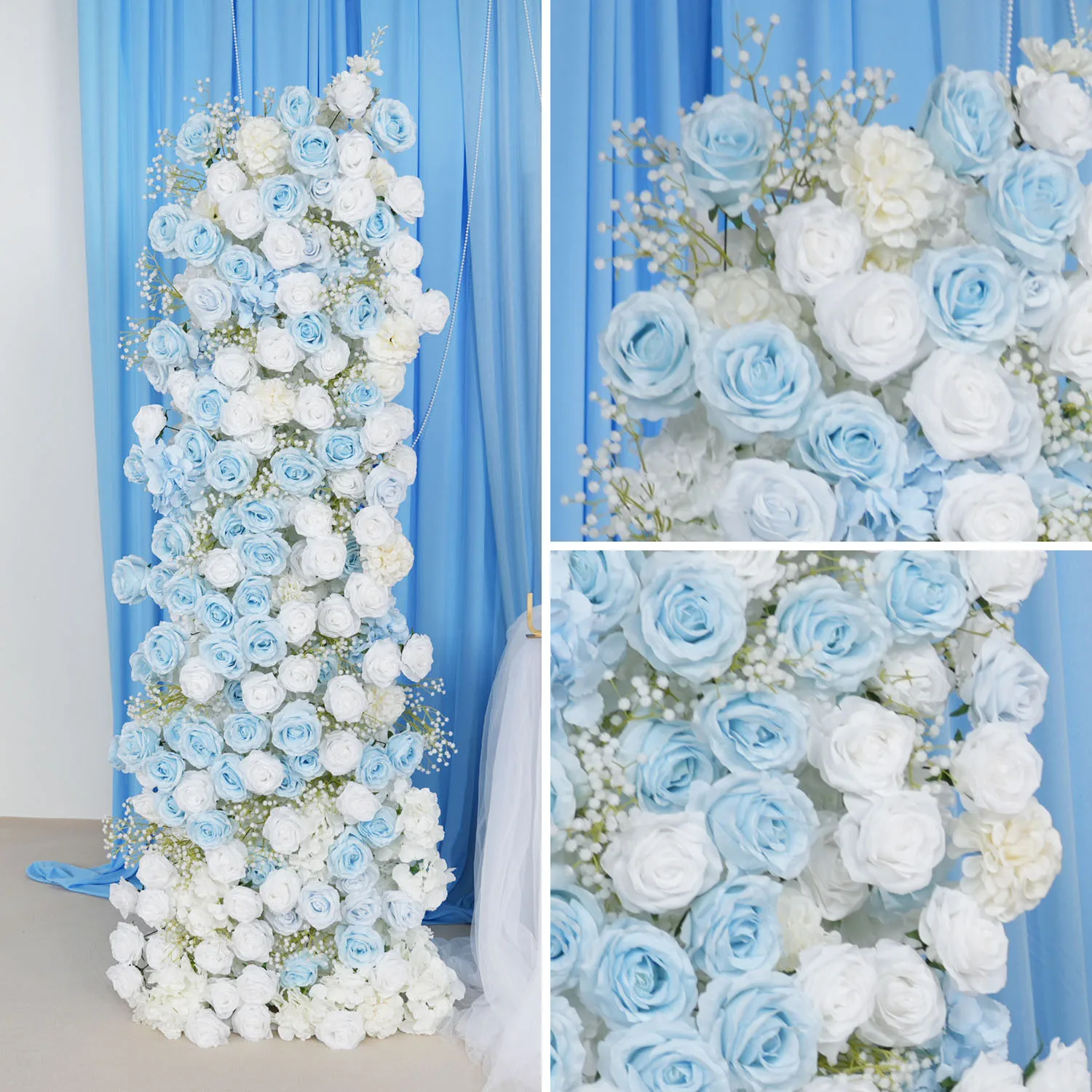 

Uflower Luxury Blue White Rose Flower Wedding Backdrop Arch Decor Floral Arrangement Rose Flower Row Flower Wall Party Display