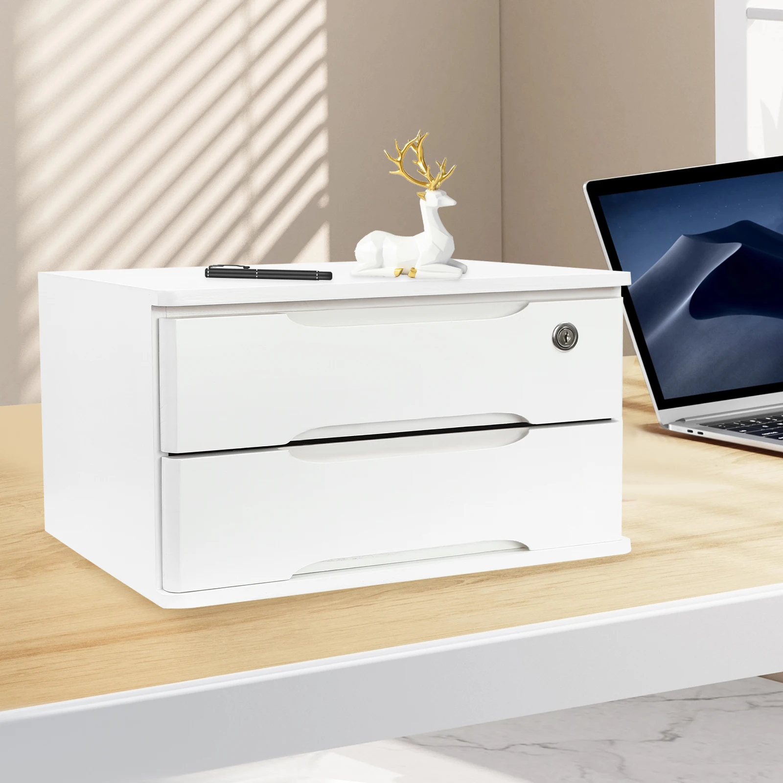 39*30*21cm 2 Layer Desktop Storage Box Desktop Storage Box with Lockable Drawer Drawer Organizer for Office Study Bedroom White