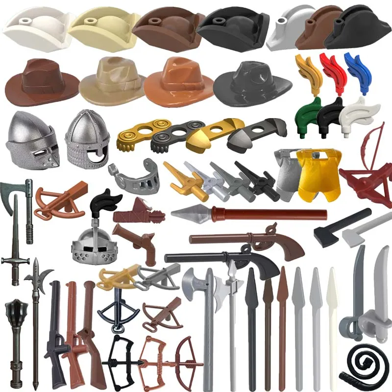MOC Medieval Waffen Accessory Building Blocks Soldier Figure Cowboy Hat Hunting Rifle Crossbow Spear Armor Helmet Mask Brick Toy