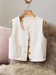 Vintage Spring Summer Suit Waistcoat Elegant Women's Short Sleeveless Small Coat Simple Button Casual Solid Color Waistcoat New