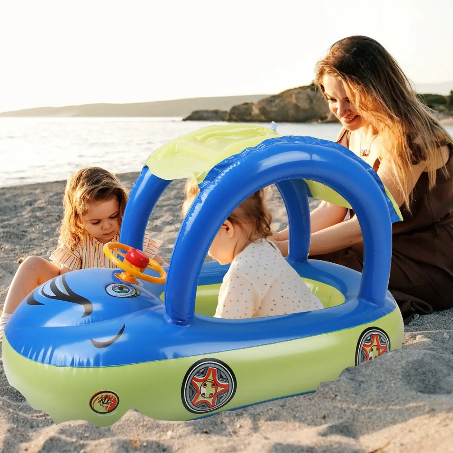 Baby Inflatable Pool Float Car Shaped Toddler Swimming Float Boat Pool Toy Infant Swim Ring Pool with Sun Protection Canopy