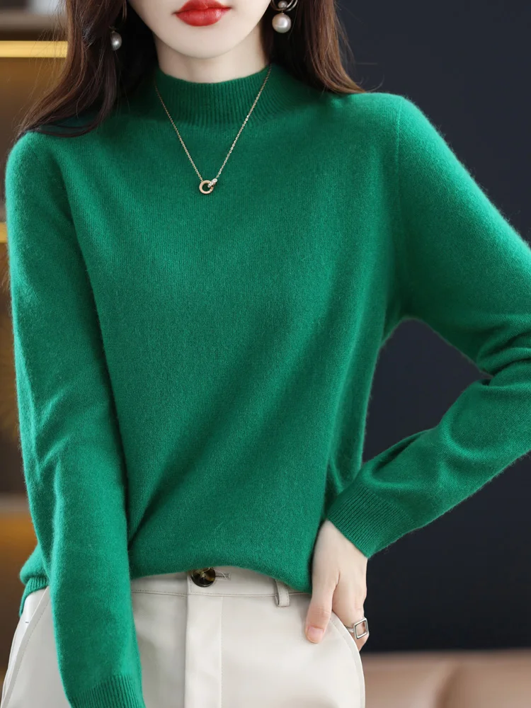 First line ready to wear 100% wool sweater, women's semi high neck long sleeved sweater, autumn and winter knitted sweater