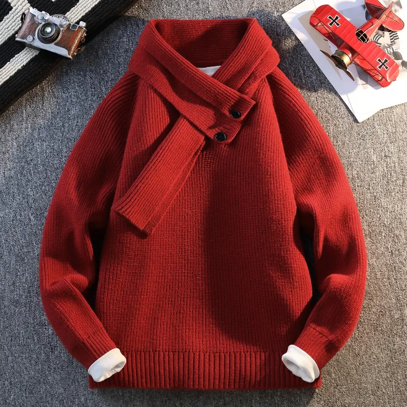 

Mens Knit Pullover with Removable Scarf Multifunctional Warm Winter 2 Pieces Set Sweater Solid Color Casual Jumper Holiday Gift