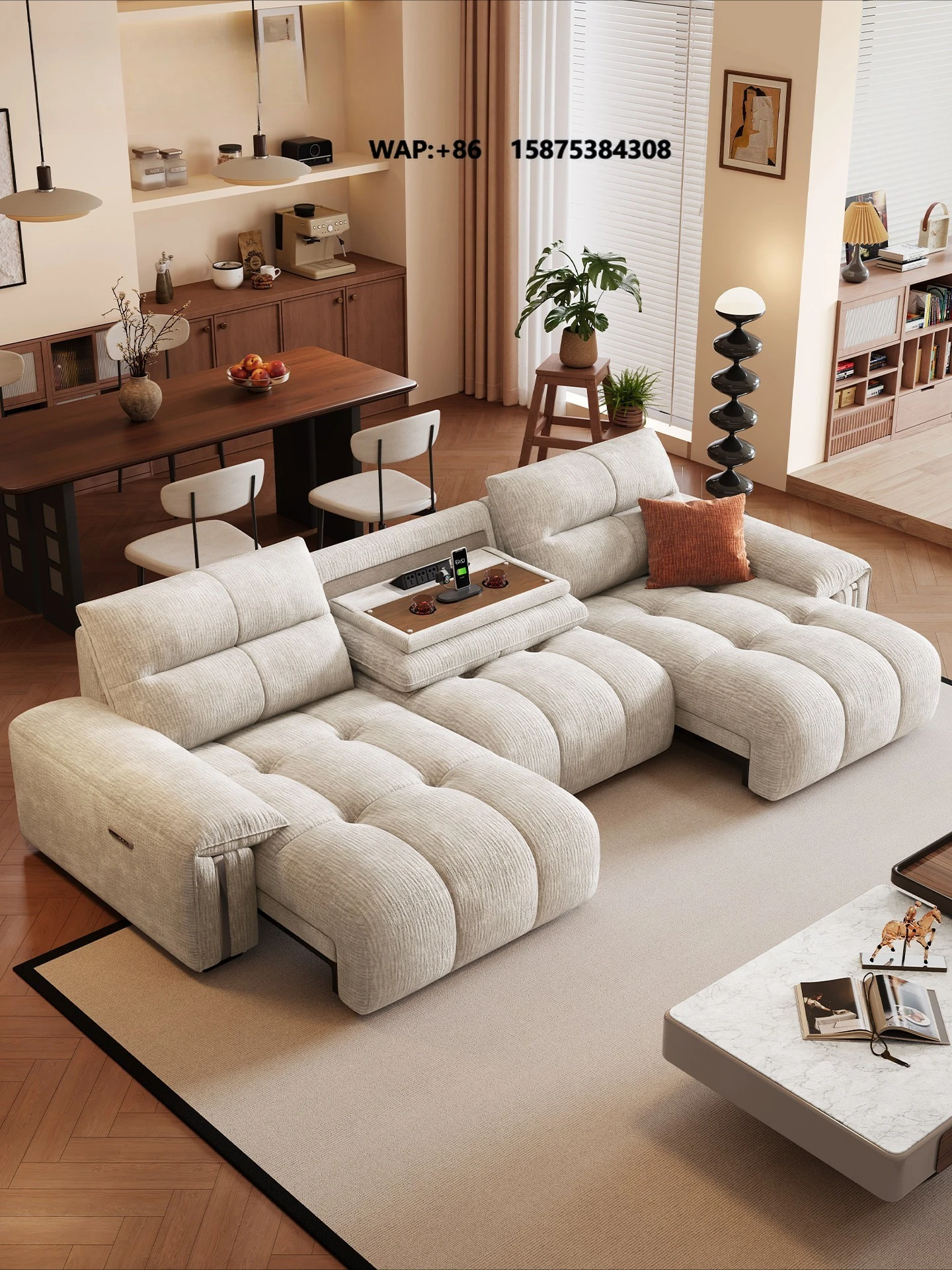 Living Room Light Luxury Remote Electric Multiple Functional Comfortable Fabric Reclining Sofa Bed Table Water Cup Slots USB-C