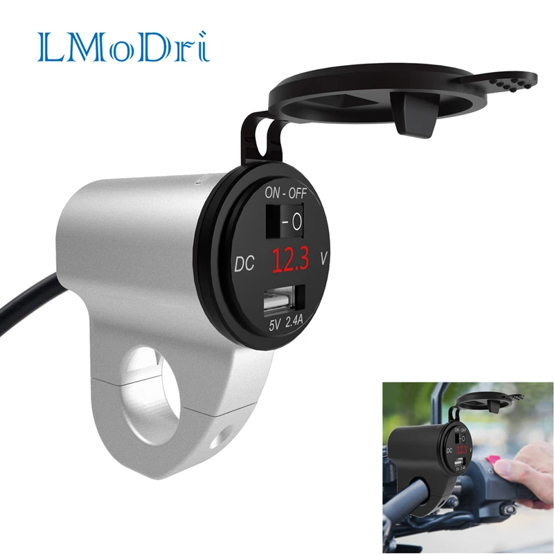 LMoDri Motorcycle Mobile Phone Charger Aluminum Alloy Waterproof Digital Display Voltmeter 2.4A Usb Fast Charge Power Switch