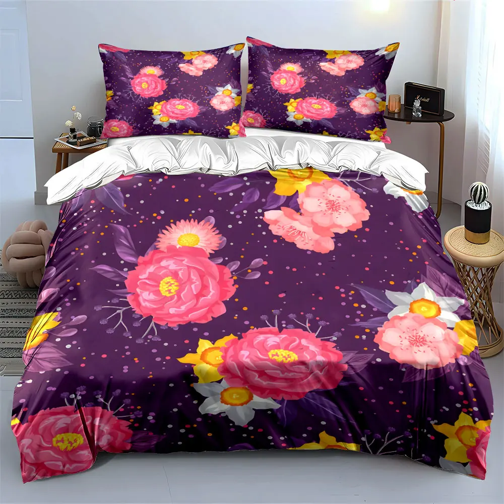 Multiple sizes Purple background peony Print Bedding Set 1Duvet Cover 2 Pillowcases for Adult and Children Luxury Gift Full Size