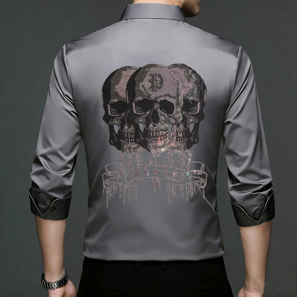 Luxury Men Long Sleeve Dress Shirt Back Triple Skull Rhinestone Hot Drill Design Slim Fit Silky Fabric Streetwear Formal Tops