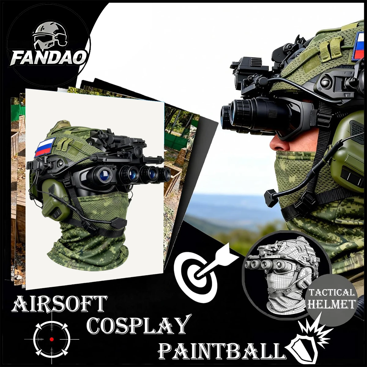 Russian Military Tactical Bump Helmet 8-in-1 Set with Balaclava Camouflage Design for Airsoft Paintball Outdoor Field Cosplay