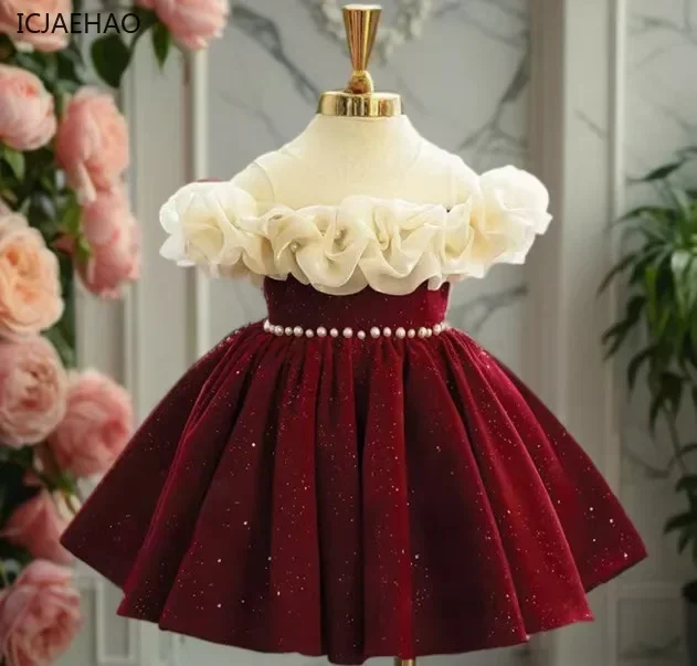 Children's Dress Red Flower Child Wedding Little Girl BirthdayHost Princess Dresses High-End Piano Costume Eid Party New Year