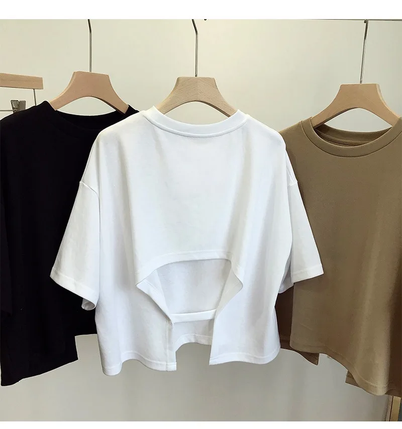 Summer Clothes Korean Sexy Backless Short O-Neck Women Casual Solid Color T-Shirt Short Sleeve Girl Tee Shirt Fashion Tops - Image 6