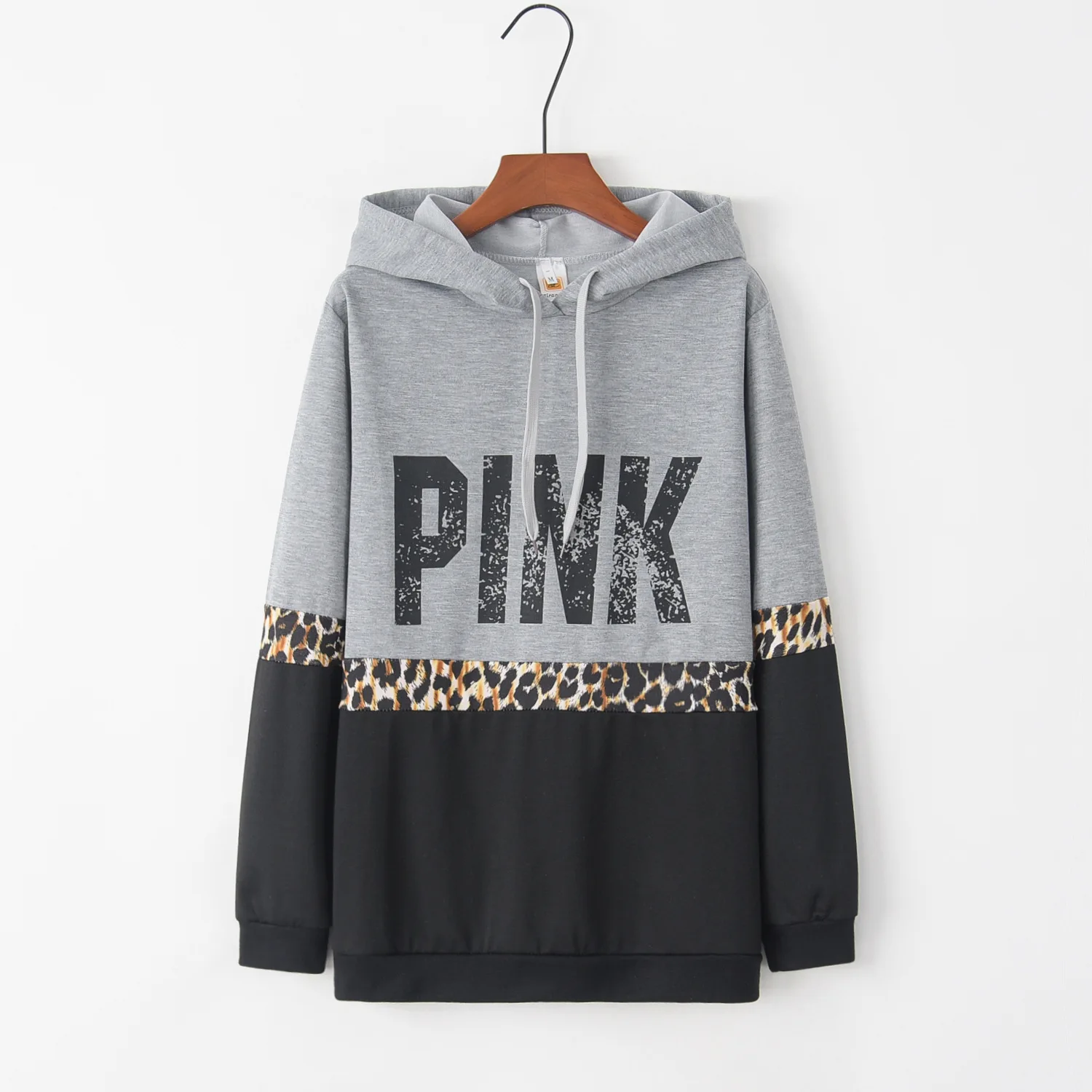 2023 Ladies PINK Letter Print Full Sleeve Hooded Sweatshirt Leopard Print Black Grey Casual Costume New Arrival Cotton Women Top