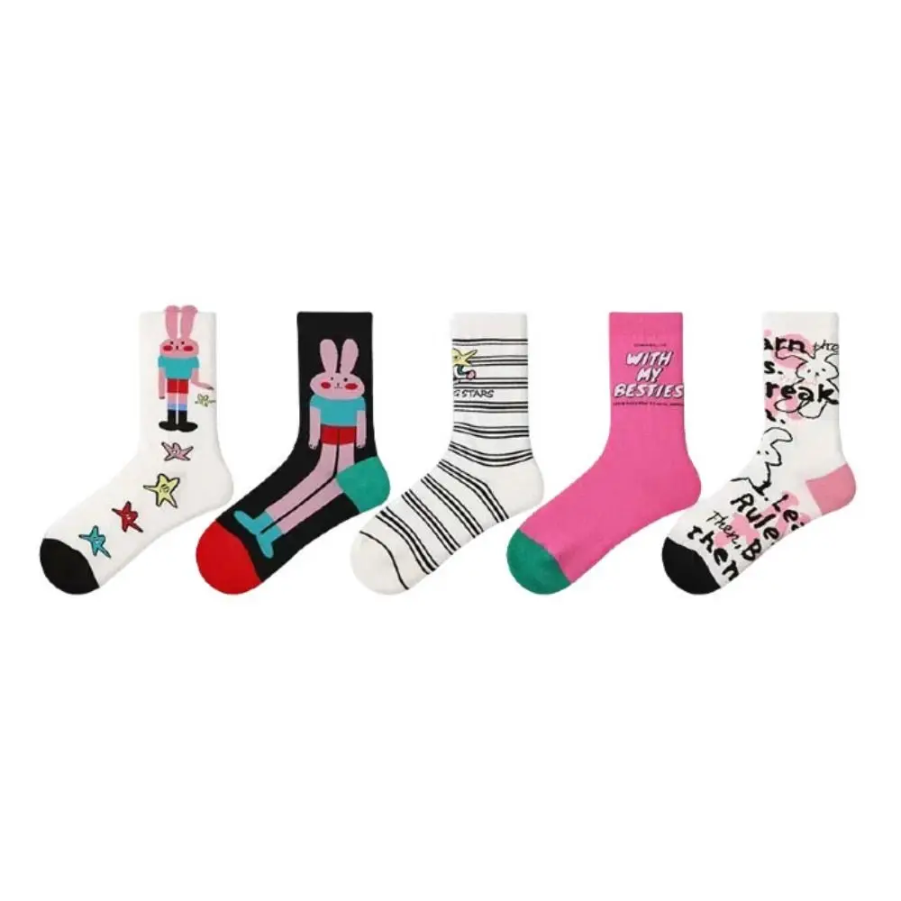 5Pairs Kawaii Rabbit Letter Mid-Calf Socks Multicolor Stripe Cartoon Socks Streetwear Harajuku Tube Socks Women Sports