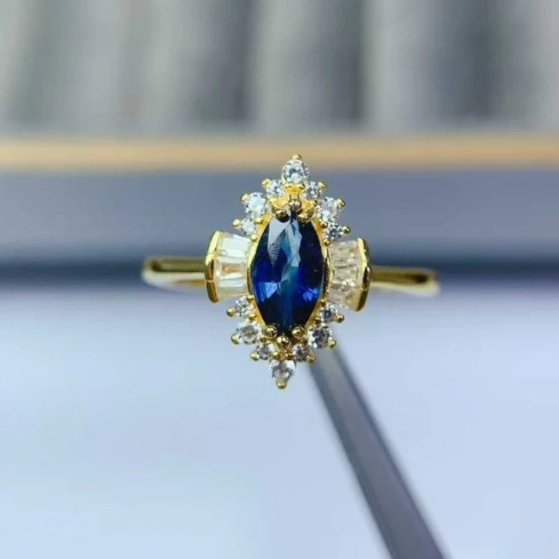

925 Silver Royal Blue Sapphire Jewelry 4mm*8mm Natural Sapphire Ring with Certificate 18K Gold Plated Silver Ring