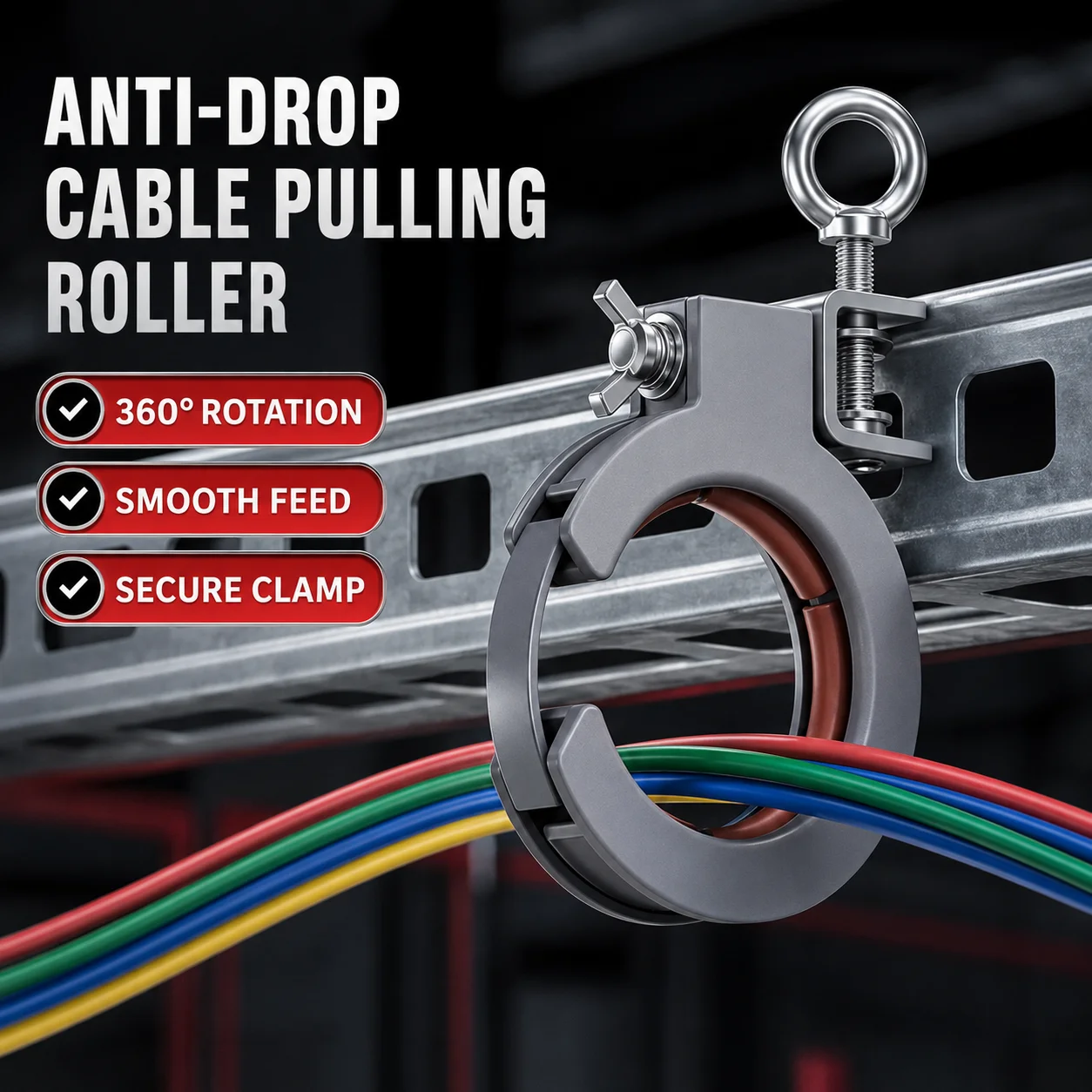 360° Rotating Cable Pulling Roller, Adjustable Anti-Drop Wire Guide with Cable Tray Clamp for Electrical Installation
