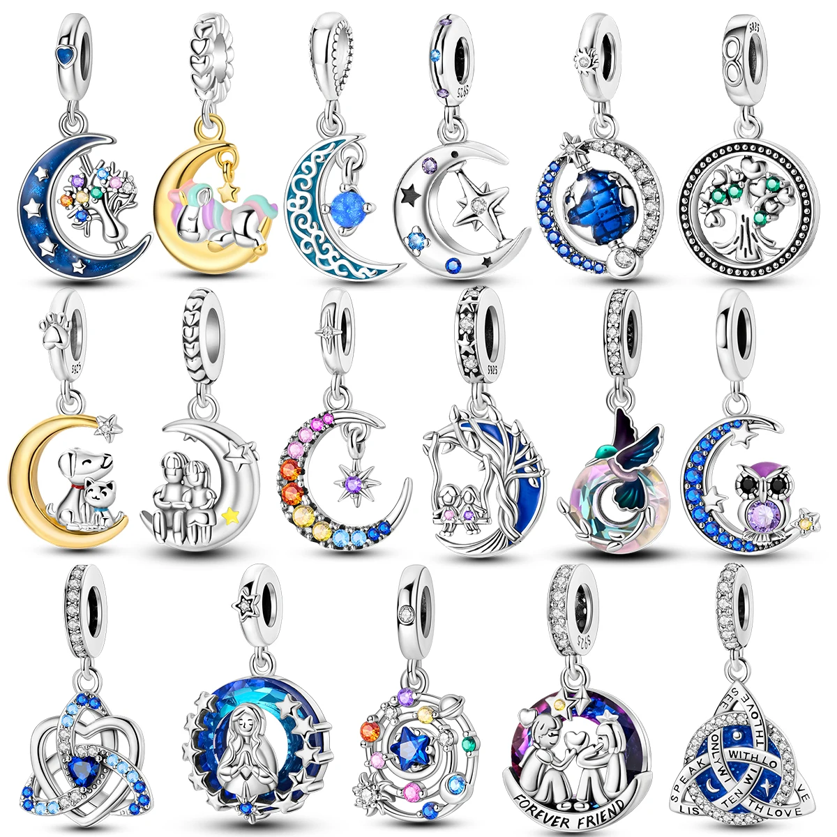 925 sterling silver Original Colorful Zircon Moon Tree of Life Bird Butterfly series Charm Beads Necklace Diy Female Jewelry