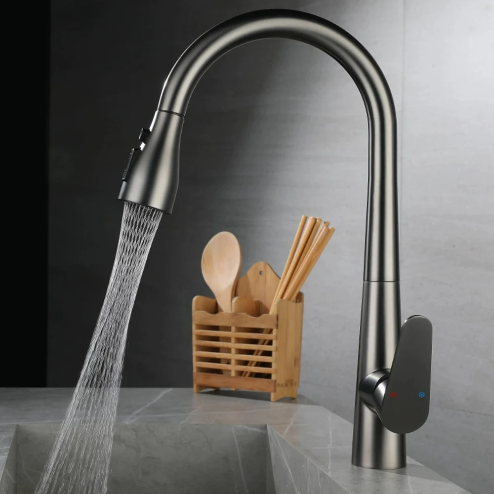 

Gun Grey Kitchen Mixer Faucet 304 Stainless Steel Body 80cm Hose Pull Down 3 Mode Water Out Cold & Hot Ceramic Valve Core