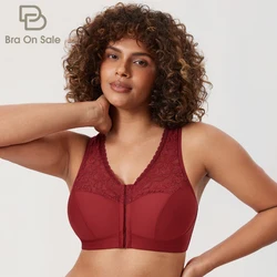 Lace Front Closure Bra For Women Underwear Cotton Wireless Full Figure Racerback Plus Size Bralette DD E F 42 44 46 48