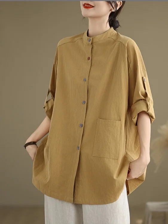 

Женский льняной кардиган большого размера в стиле ретро, осенний новый кардиган с воротником-стойкой и цветными пуговицами, хлопково-льняной свободный повседневный кардиган для поездок на работу