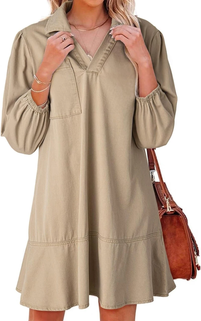 เดรสยีนส์แขนจีบเก้านิ้ว คอปกเสื้อเชิ้ต สไตล์ลำลองสำหรับผู้หญิง แฟชั่นฤดูใบไม้ร่วง เหมาะสำหรับการเดินทางและกิจกรรมกลางแจ้งหลากหลายประเภท