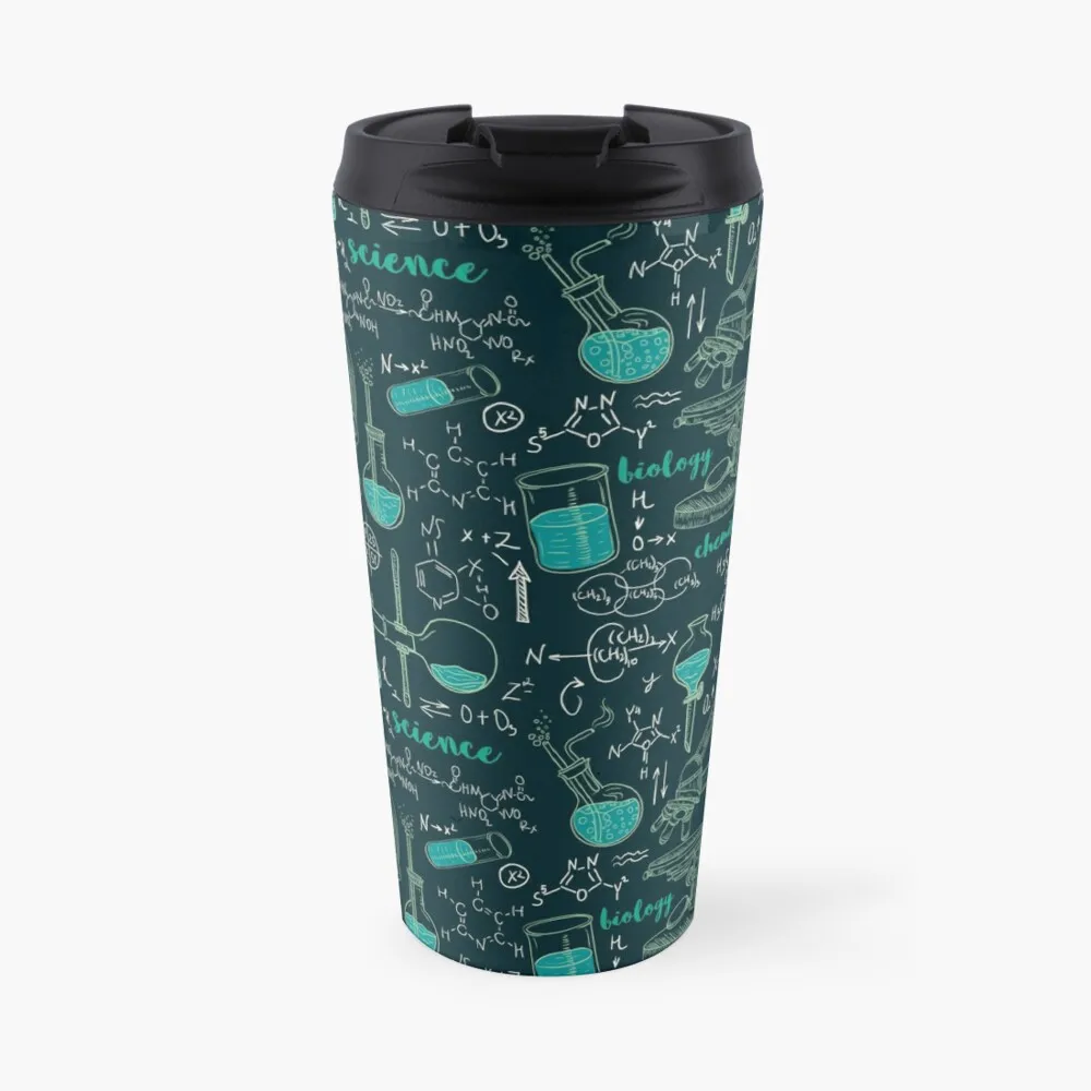 

Vintage seamless pattern old chemistry laboratory with microscope, tubes and formulas. Travel Coffee Mug Mug Coffee Cup