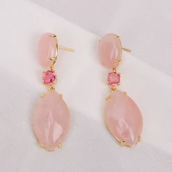 GG Large Marquise Brilliant Cut Pink Rose Quartz Long Drop Earrings With Gold Plated Needle Red Crystal Stones Jewelry Gifts