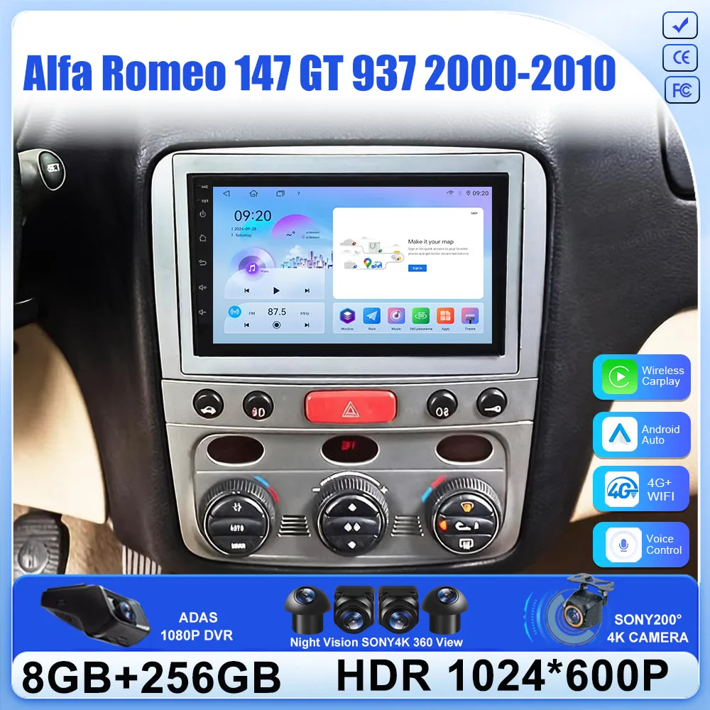 Android 16 Carplay For Alfa Romeo 147 GT 937 2000-2010 GPS Navigation Video Car Radio GPS Automotive Multimedia Car Monitor DVD