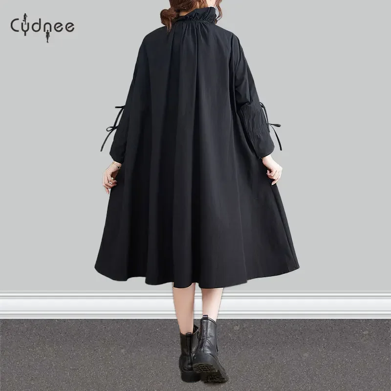 Long Sleeves Japanese Style Turtleneck Bandage Black Chic Girl's Ladies Women Spring Autumn Outwear Blouse Calual Shirt Dress