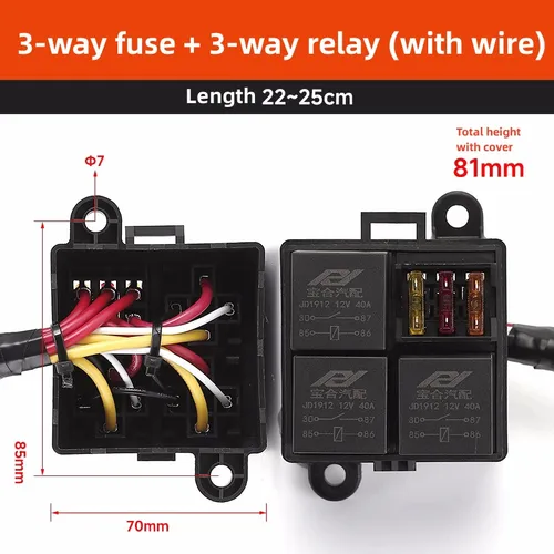 Imagen 1 del producto Caja de fusibles de reacondicionamiento de coche, conjunto de caja de relé, foco de 12V, bomba de aire, luz alta, portafusibles de tres vías, 24V con cable de alimentación de 4 pines/5 pines