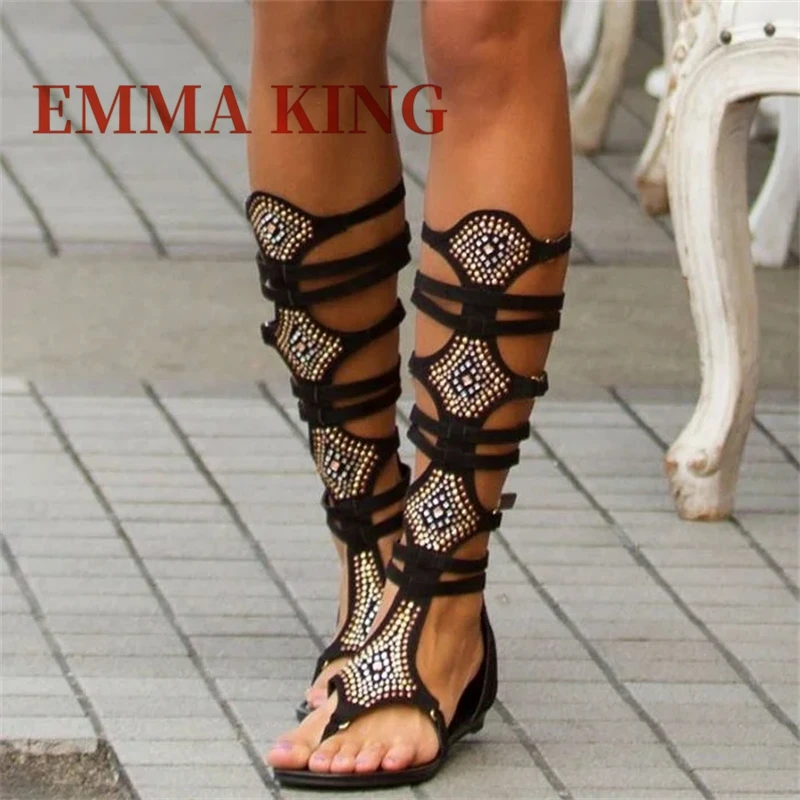 

Summer Women Flat Embellished Gladiator Sandals Sexy Open Toe Back Zipper Knee High Crystal Boots Woman Flat Beach Sandals 44