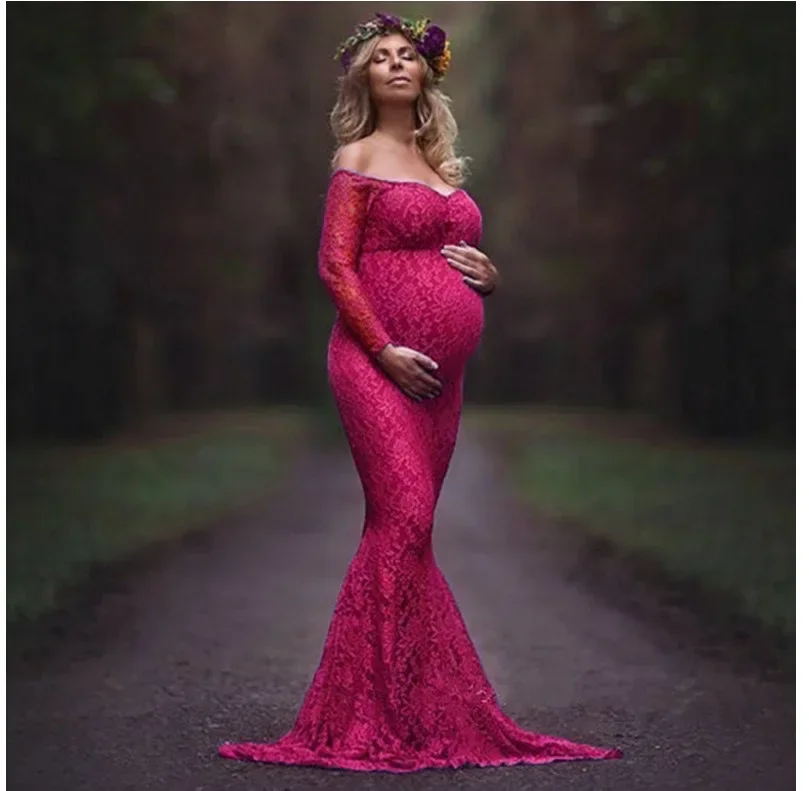 

Maternity Dress Photo Shoot Maxi Gown Tailing Shoulderless dresses Lace Gown Maternity Photography Props