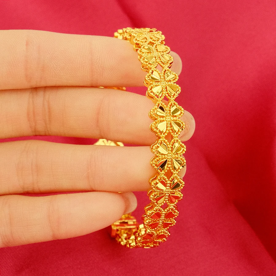 Dubai Women\'s Four Leaf Clover Gold Plated Indian and African Hard Bracelet Charming Wedding Ethiopian Arabian Treasure Luxury
