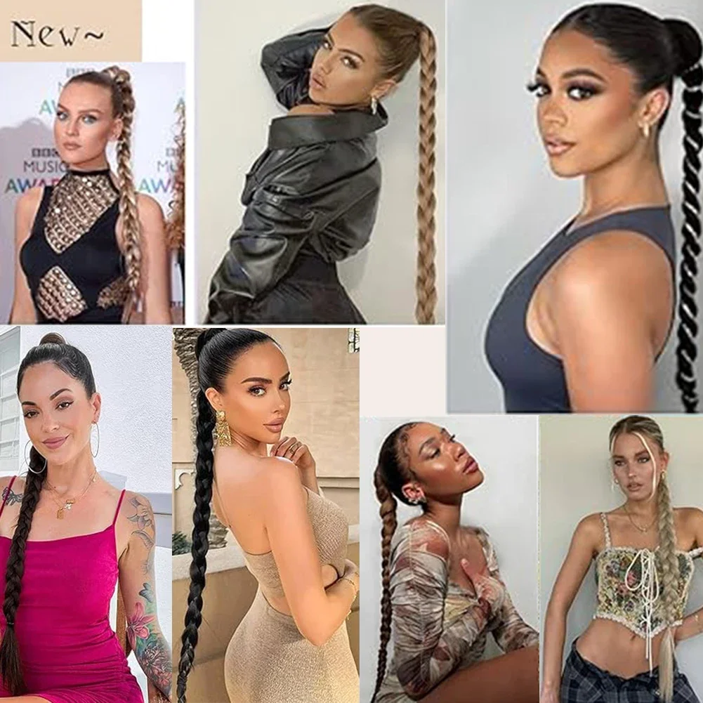 Extension de queue de cheval tressée synthétique longue avec attache de cheveux Extensions de cheveux droites à enrouler 30 pouces queue de cheval douce naturelle