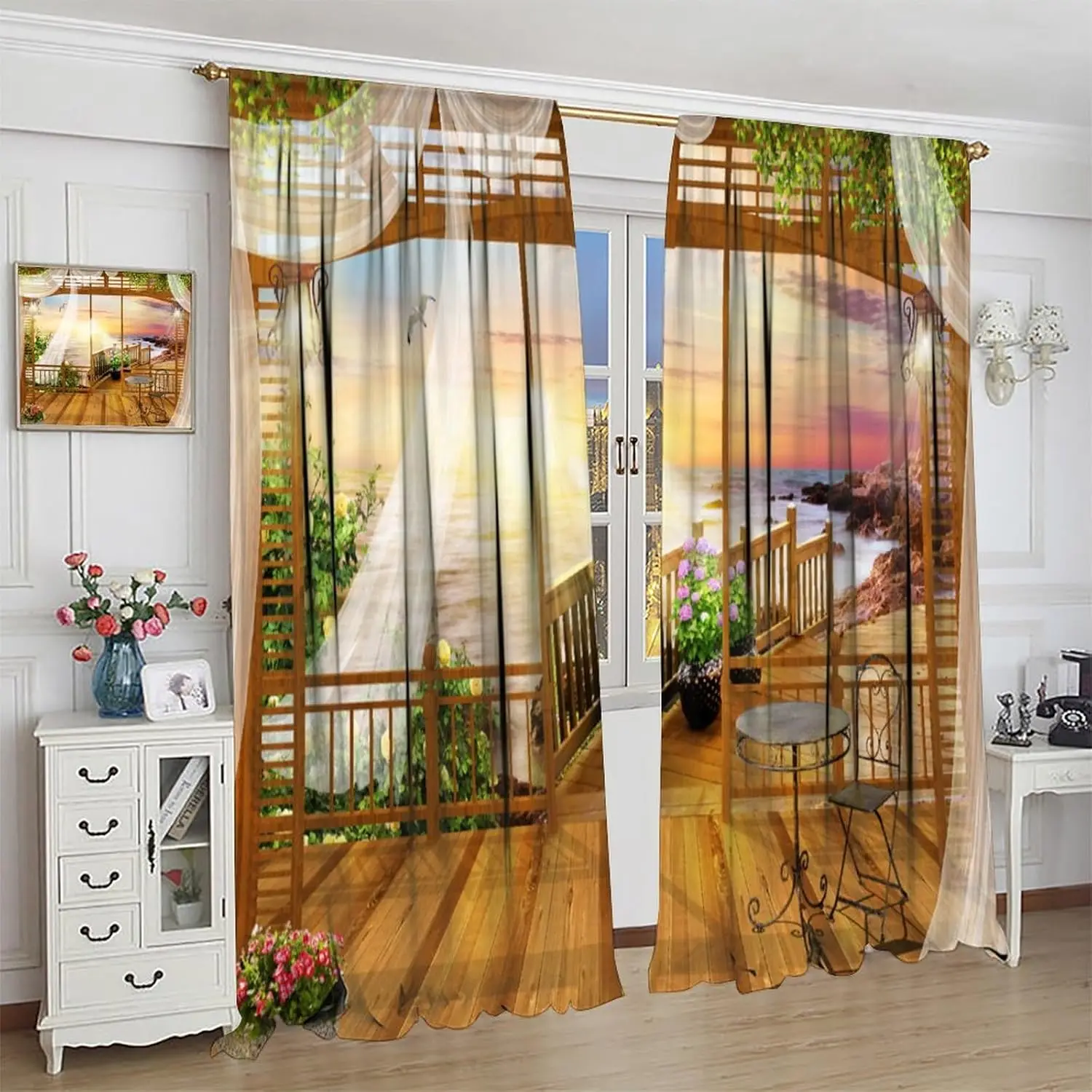 Sunset Ocean Curtains,Ocean Scene Beach View Curtain Sea Wave Summer Tropical Seaside Scenery Thermal Insulation Blackout Window