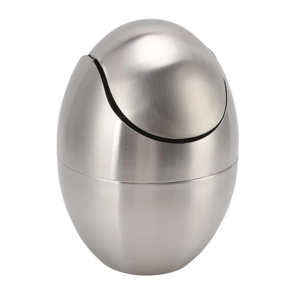Stainless Steel Desktop Trash Can Easy to Clean Swing Lid Mini Waste Bin Mini Egg Shape Countertop Garbage Can Office Desk