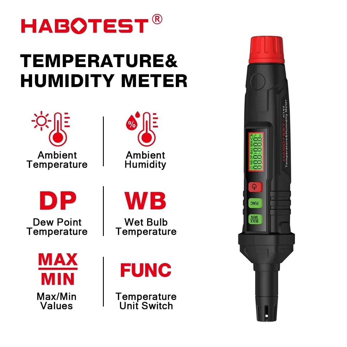 HABOTEST HT62 4-in-1 Digital Psychrometer Portable Thermo-Hygrometer Temperature and Humidity Meter Pen