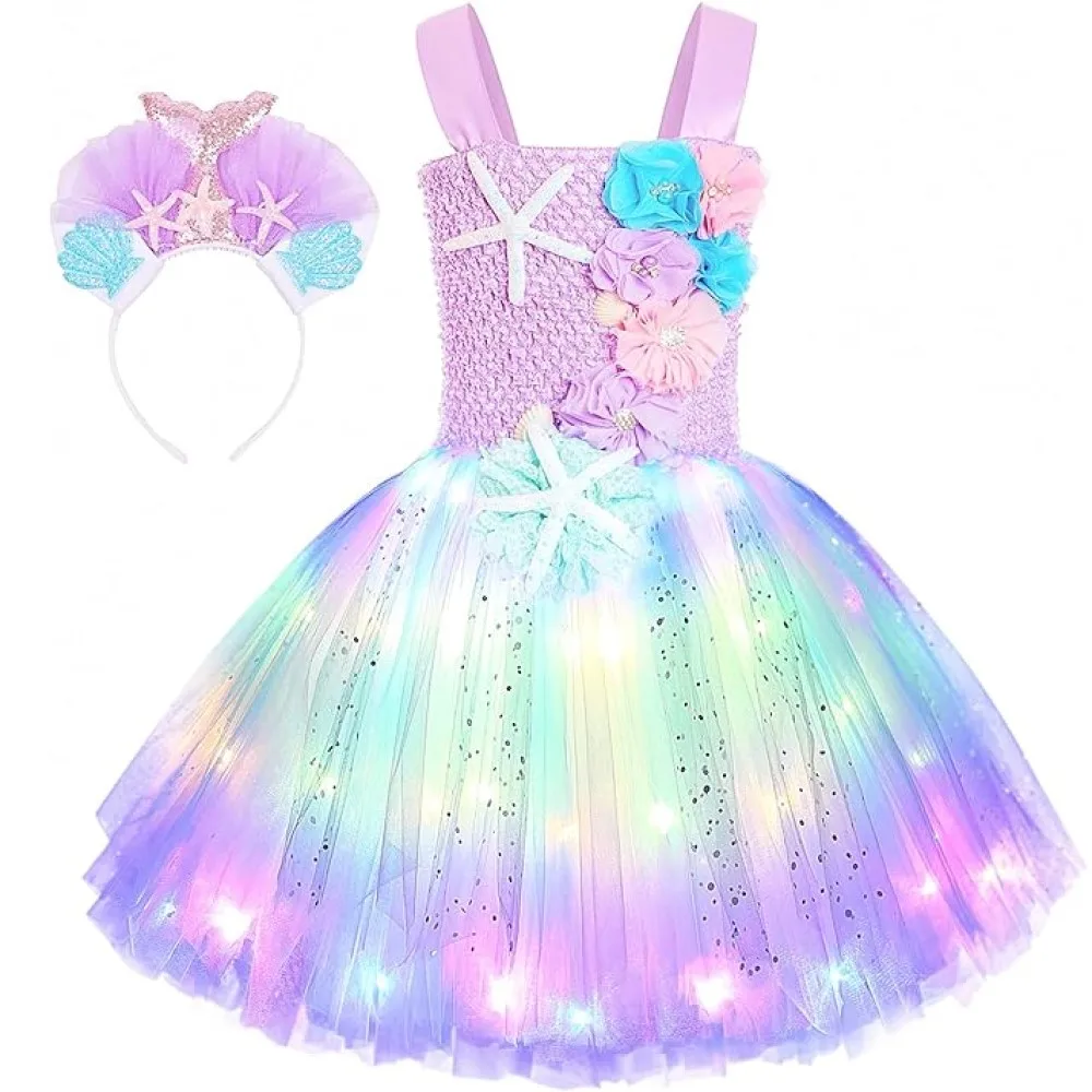 Vestido de disfraz de sirena para niñas, vestido de sirena iluminado para fiesta de cumpleaños, decoraciones, Disfraces de Halloween, falda de tutú