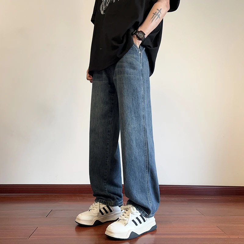 American retro high street jeans men's straight loose fitting blue distressed street pants cargo pants men streetwear clothing