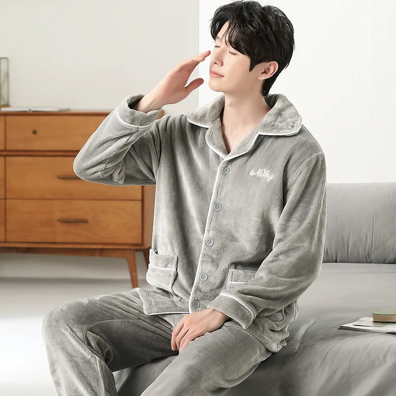 

[Warm Fleece] Couple Pajamas Men's Autumn and Winter New Stand-up Collar Zipper Thickened Long-sleeved Coral Fleece Loungewear