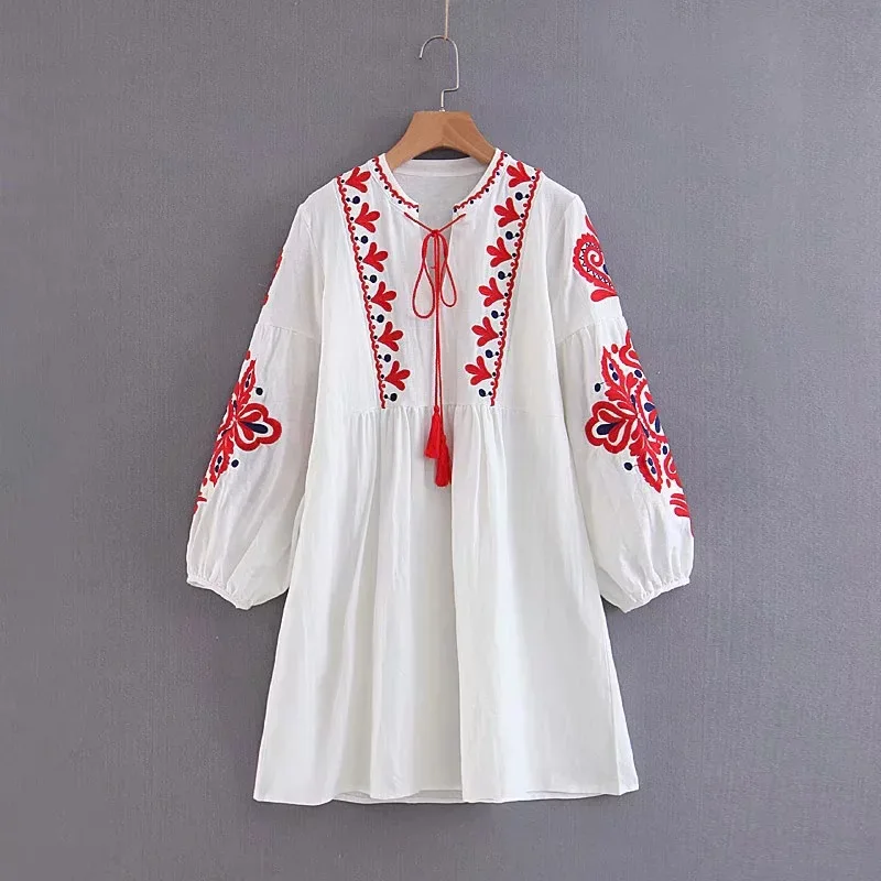 Spring Autumn Vacation Tourism Bow Tie Neck Dress Women Loose Elegant Ethnic Lantern Sleeve Cute Embroidered Floral Cute Dresses