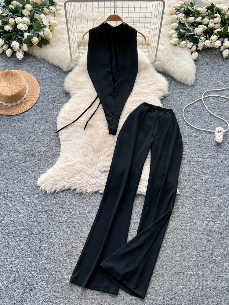 

Women's Sexy Hollow out V-Ne Belted Jumpsuit High Waist Casual Pants Two-Piece Set Faionable Commute Sle Summer Wear
