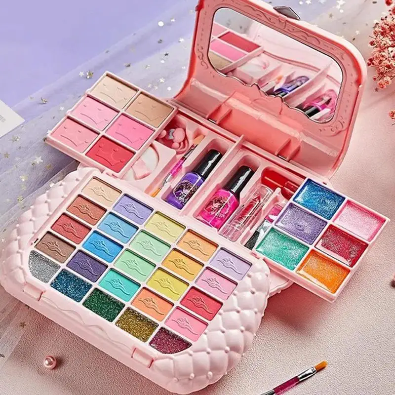 Kids Makeup Set Washable Real Cosmetic Toy Set Kids Makeup Sets with Mirrors for Girls Play Make Up Birthday Holiday Parties