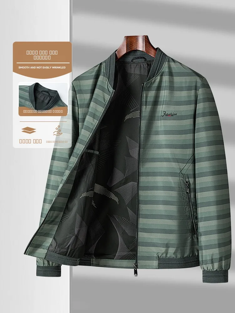 

Spring Autumn 2024 Men's Faionable Versatile Baseball Collar Striped Casual Jaet Stand Fit Anti-Wrinkle Long Sve