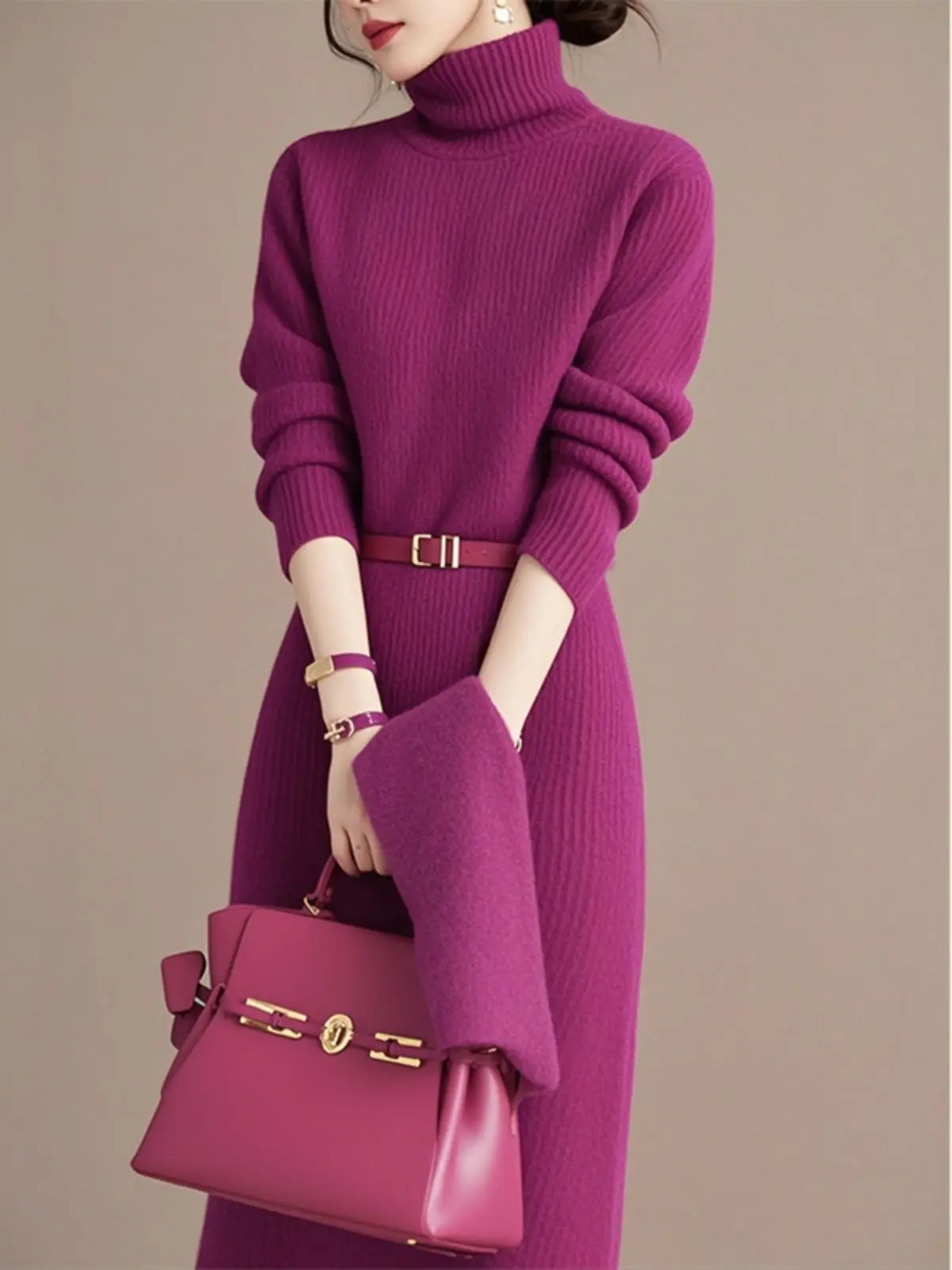 

Элегантное сексуальное облегающее платье с воротником и длинными рукавами, однотонное эластичное трикотажное облегающее тонкое осенне-зимнее шикарное платье высокого класса C208