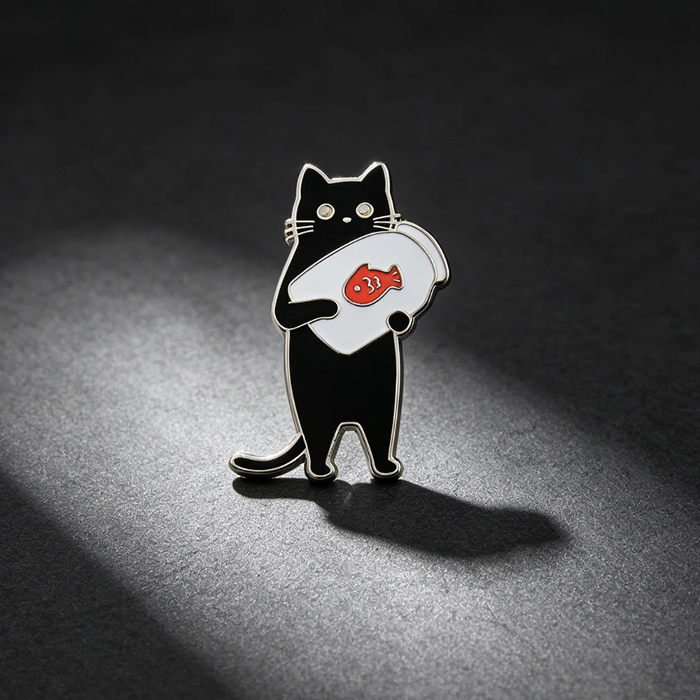 Healing Series Hugging Fish Black Cat Enamel Pin Cat Peripheral Brooch Cartoon Black Cat Metal Badge Cat Enthusiasts Collect Pin