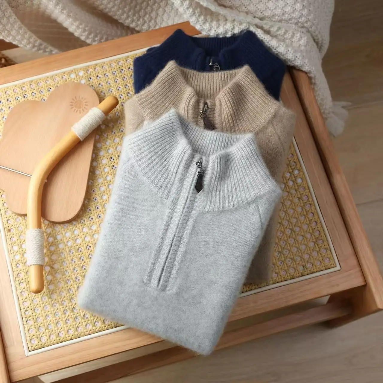 boys-girls-autumn-winter-cashmere-knitted-tops-100-wool-sweater-children's-boys-turtleneck-half-zip-thickened-bottoming-jumper