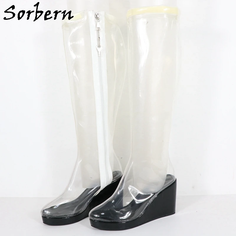 Sorbern Transparent PVC Knee High Boots Women Fetish Wedges Platform Lockable Zipper Drag Queen Shoes Unisex Boot Custom Wide