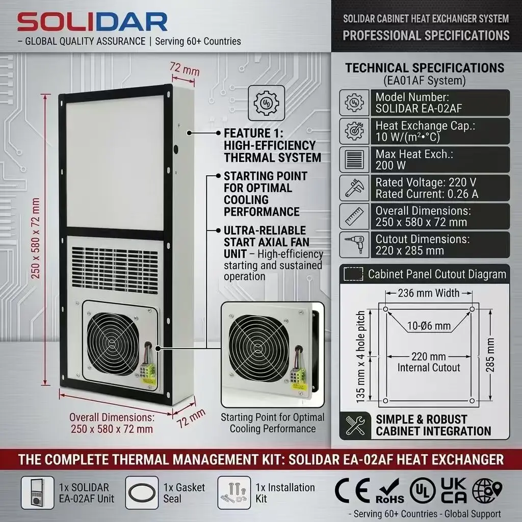 Professional Cabinet Heat Exchanger System 250x580x72mm 220V 0.26A 200W Thermal Management Unit Panel Mount CE RoHS UKCA